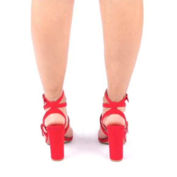 Strappy Faux Suede Block Heels in Red - Picture 6 of 9